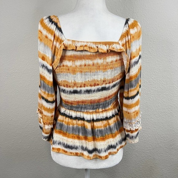 Savanna Jane Smocked Bell Sleeve Boho Top Women's M Yellow Serape Print Ruffle - Picture 5 of 8